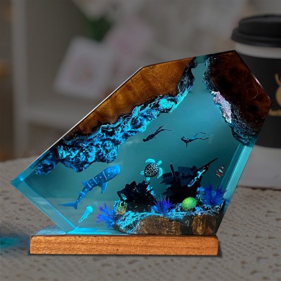 Epoxy Hars Oceaan Koppel Duiker Nachtlamp Houten Lamp Uniek Verjaardagscadeau Cadeau voor Zielmaatje Bedside Geschenk voor Beste Vriend Valentijnsdag Cadeau-idee