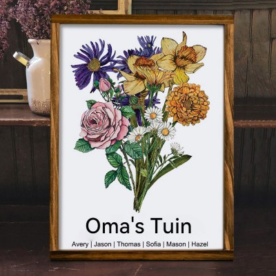 Gepersonaliseerde Kunstprint Oma's Tuin Geboortebloem Boeket Familie Lijst Teken Met Namen Kleinkinderen Uniek Betekenisvol Cadeau Voor Moeder Oma Moederdag Cadeau