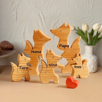 Gepersonaliseerde houten vosfiguren, familiepuzzelblokken met kindernamen. Uniek cadeau voor moeder en oma. Ideeën voor Moederdagcadeaus.