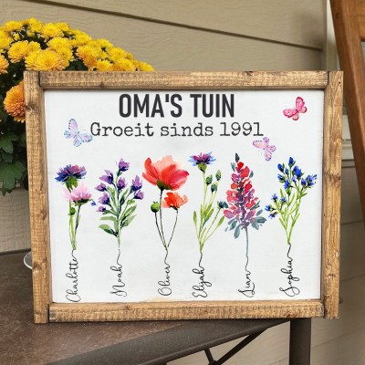 Gepersonaliseerde Oma's Tuin Geboortebloem Kunstprint Naamplaatje Met Houten Lijst Uniek Verjaardagscadeau voor Mama Oma Moederdag Cadeaus