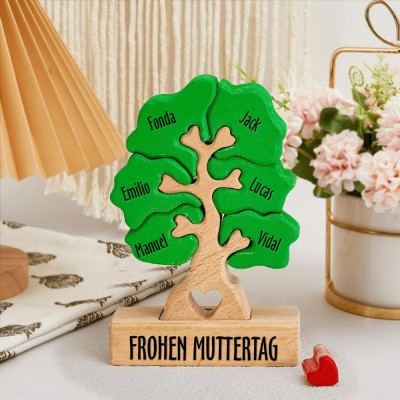 Gepersonaliseerde houten puzzelblokken met de naam van de levensboom, uniek cadeau voor moeder en oma. Ideeën voor Moederdagcadeaus.