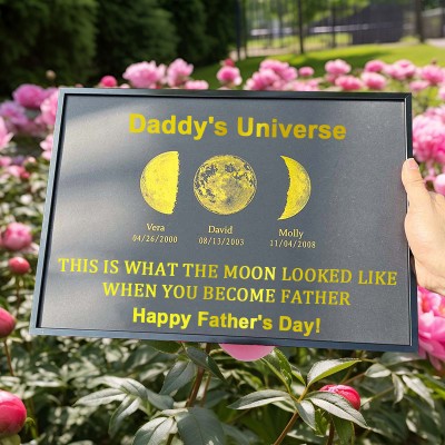 Gepersonaliseerd houten Daddy's Universe Maanfase Frame met kindernamen Familie herinnering Vaderdag cadeau-ideeën