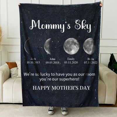 Gepersonaliseerde Mommy's Sky Moon Phase-deken met kindernamen en datum Perfect cadeau voor moeder Cadeau-ideeën voor het gezin