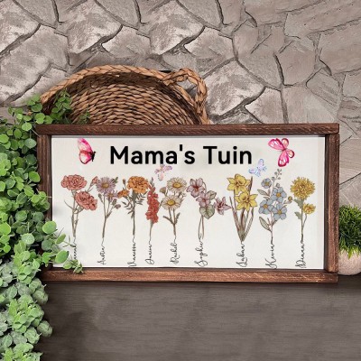 Gepersonaliseerde Mama's Tuin Kunstprint met Geboortemaand Bloemen – Houten Familiebord – Uniek Moederdag Cadeau voor Mama & Oma
