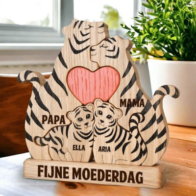 Gepersonaliseerde houten puzzelblokken met tijgerfamilie, bord met namen, uniek aandenken voor moeder en oma, cadeau-ideeën voor Moederdag