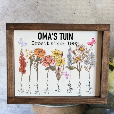 Gepersonaliseerde Kunstprint Oma's Tuin Aquarel Geboortebloemen Naambord Met Houten Lijst Uniek Herinneringscadeau voor Mama Oma Moederdag Cadeau-ideeën