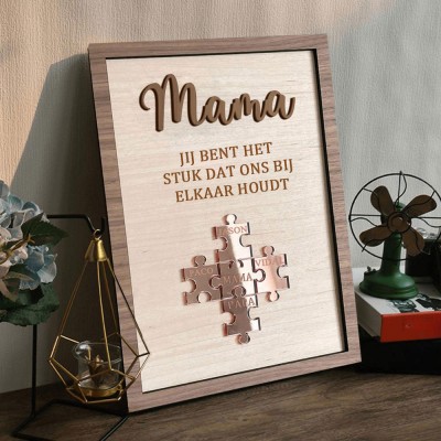 Gepersonaliseerde houten puzzel met de naam van je moeder, jij bent het stukje dat ons bij elkaar houdt. Uniek cadeau voor moeder en oma. Ideeën voor Moederdagcadeaus.