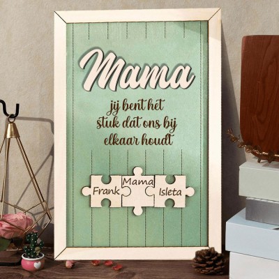 Persoonlijke mama, jij bent de schakel die ons bij elkaar houdt, houten puzzel met een naamlogo, een uniek cadeau voor moeder of grootmoeder, creatief Moederdaggeschenk