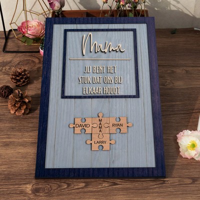 Aangepaste houten puzzelstukken "Mama, jij bent de stukjes die ons samenhouden" met gegraveerde namen van kinderen, een uniek gezinsgeschenk voor mama, oma, cadeau-ideeën voor Moederdag.