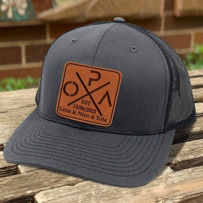 Gepersonaliseerde zomerzonnehoed van echt leer met datum en naam van het kind, perfect cadeau voor papa, uniek cadeau voor Vaderdag