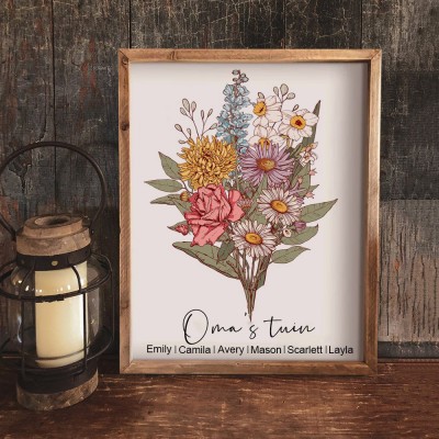 Gepersonaliseerde oma's tuin geboorteboeket print familiekader bord met namen van kleinkinderen uniek verjaardagscadeau voor oma Moederdag cadeau-ideeën zwangerschapscadeau voor moeder
