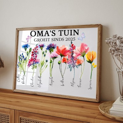 Gepersonaliseerd houten bord met bloemenprint en de namen van de kleinkinderen in de vorm van een oma's tuin. Uniek verjaardagscadeau voor mama. Oma en mama, zwangerschapscadeau. Ideeën voor Moederdagcadeaus.