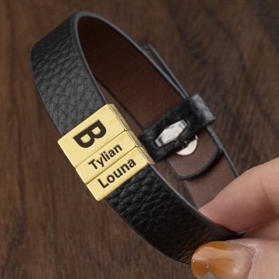 Gepersonaliseerde leren kralenarmband met naamgravure Vaderdagcadeau