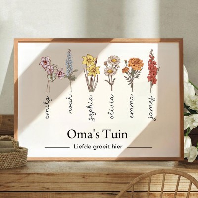 Gepersonaliseerde kunstprint "Oma's Tuin" met geboortemaandbloemen en namen van kleinkinderen - Een uniek cadeau voor Moederdag, verjaardag of Kerst voor mama of oma.