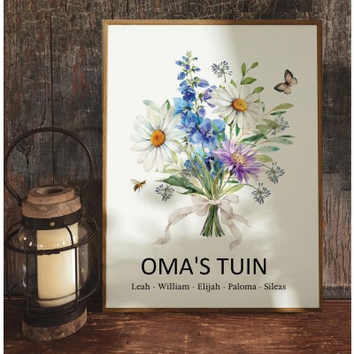 Gepersonaliseerd Aquarel Geboortemaand Bloemenboeket Lijstbord voor Oma's Tuin met Namen van Kleinkinderen - Unieke Geschenken voor Mama, Oma, Verjaardagscadeau, Kerstcadeau Ideeën