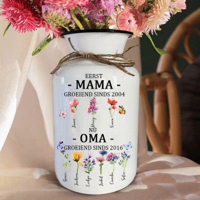 Persoonlijke Bloemenvaas voor Mama of Oma | 'Eerst Mama, nu Oma' met Namen van de Kinderen | Uniek Cadeau voor Moederdag