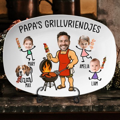 Gepersonaliseerde BBQ-schaal voor vaders met portret en namen. Grappige keukencadeaus voor vaders. Unieke cadeau-ideeën voor Vaderdag.