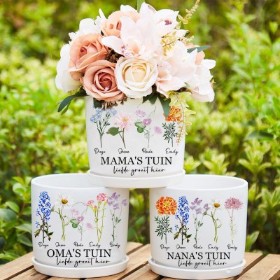 Gepersonaliseerde oma's tuin geboorte bloempot met namen cadeaus Moederdag cadeau Kerstcadeau