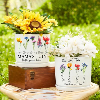 Gepersonaliseerde oma kunstprint met aquarel geboortebloem, buitentuinplantpot met namen, unieke cadeaus voor mama, oma, cadeau-ideeën voor Moederdag