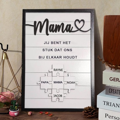 Op maat gemaakte houten puzzelstukjes van de familie van de moeder met de namen van de kinderen. Cadeau voor nieuwe moeder voor moeder, oma, Moederdagcadeaus.