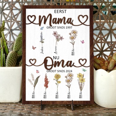 Gepersonaliseerd houten geboortebord met bloemenprint, eerste moeder, nu oma, met kindernamen, uniek verjaardagscadeau voor moeder, oma, babyshowercadeau, cadeau-ideeën voor Moederdag
