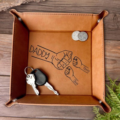 Gepersonaliseerde gegraveerde vuistbump leren valet tray cadeaus voor papa opa kerstcadeau voor hem nieuw vader cadeau