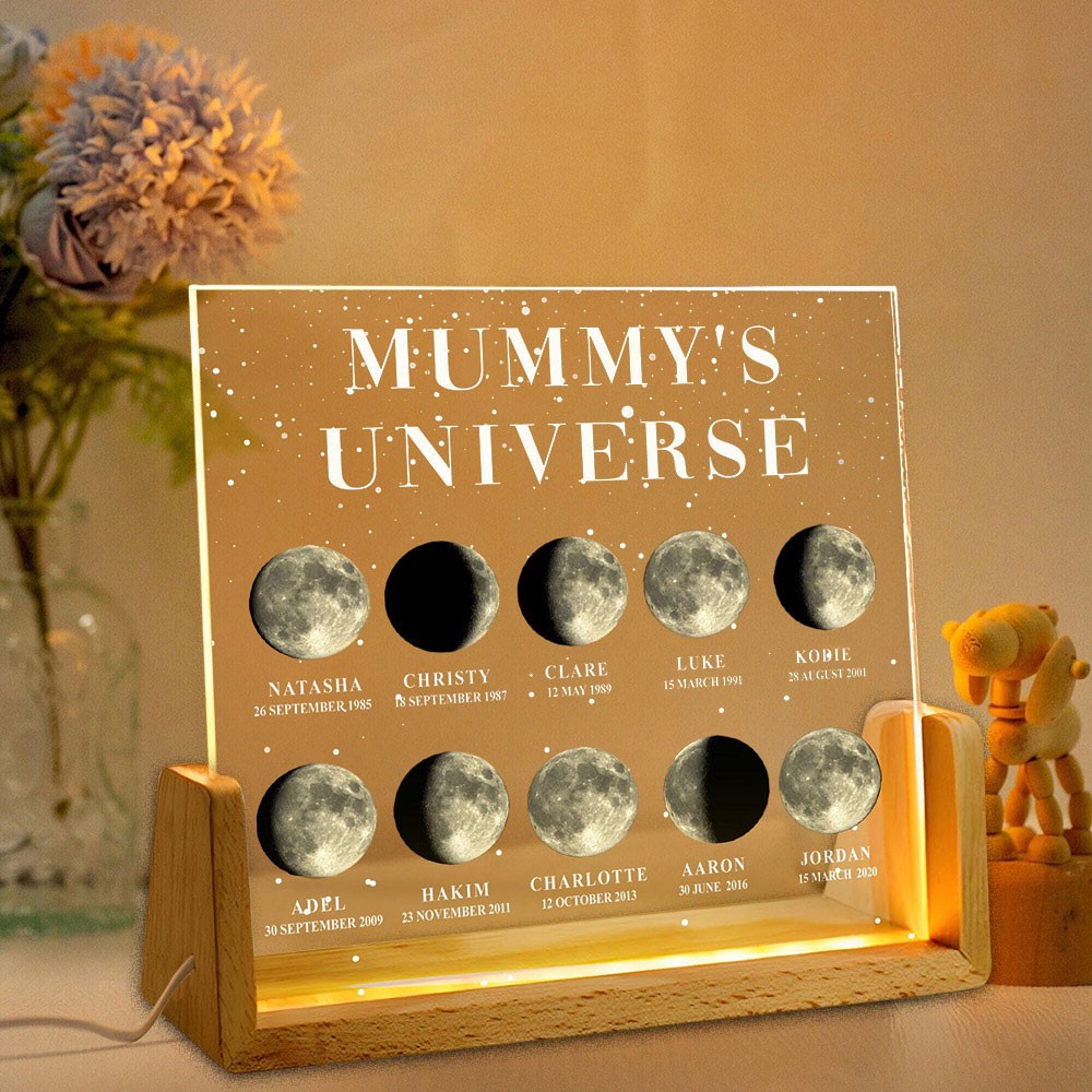 Personalised Mummy's Universe Moon Phase Night Light By Date with Kids Names Gifts for Mum Unique Mother's Day Gift