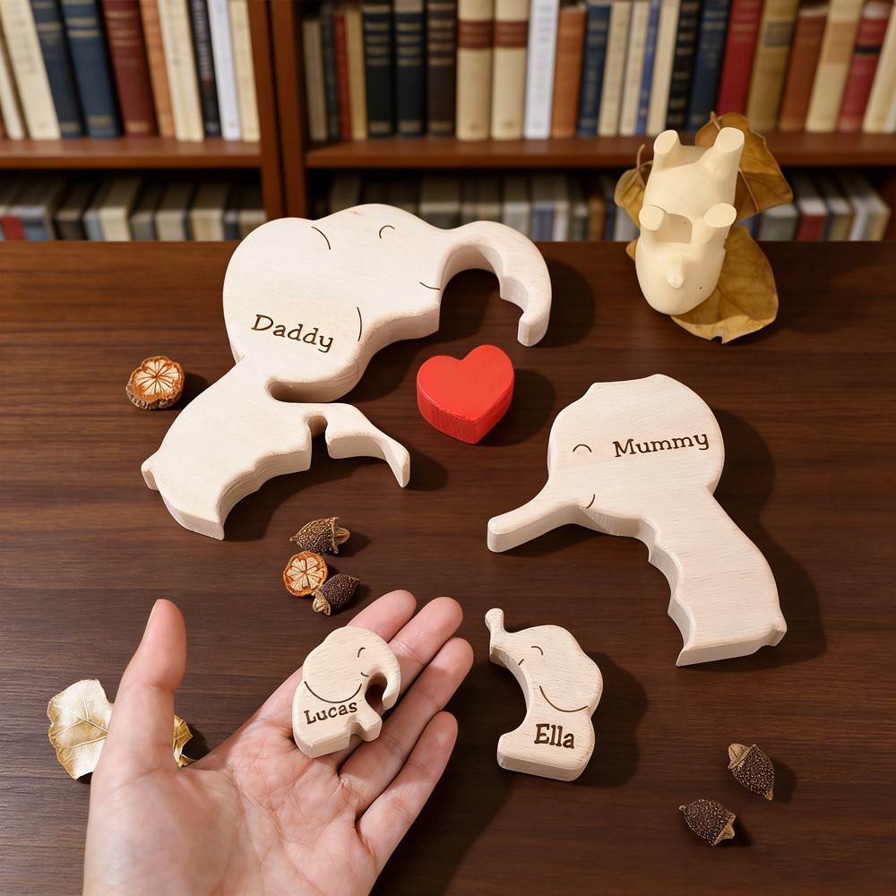 Personalised Wooden Elephant Family Puzzle with Names, Unique Family Keepsake Gift For Mum Grandma Mother's Day Present