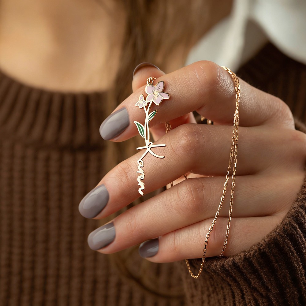 Personalised Birth Flower Necklace With Name Unique Floral Gift For Mum Grandma Mother’s Day Present