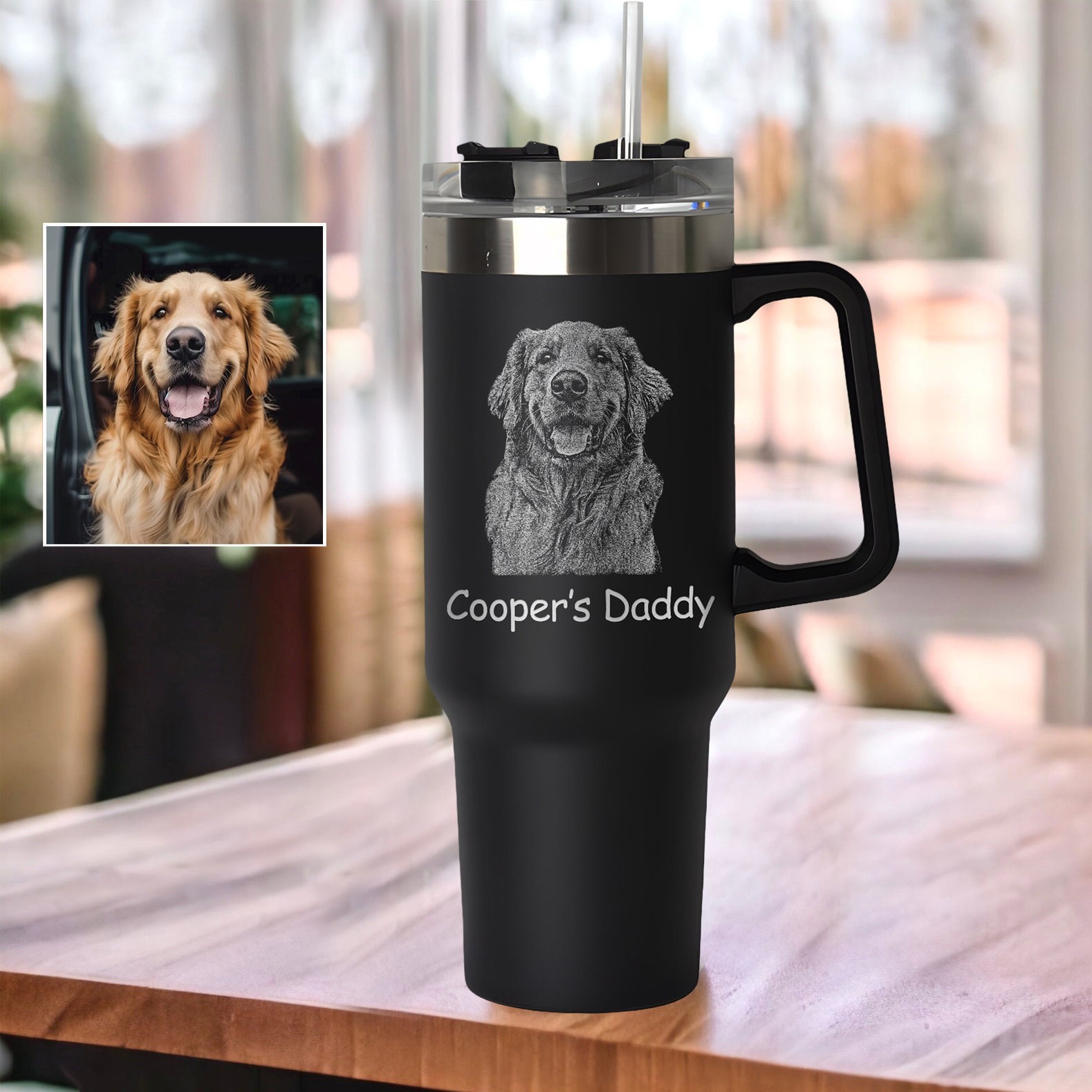 Custom Engraved Dog Photo Portrait Tumbler with Handle Gifts for Pet Lovers Love Gifts for Dog Owners