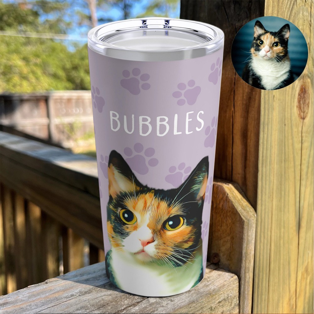 Personalised Pet Tumbler with Photo Portrait and Name Custom Gifts for Pet Lovers Memorial Gift for Cat Lovers