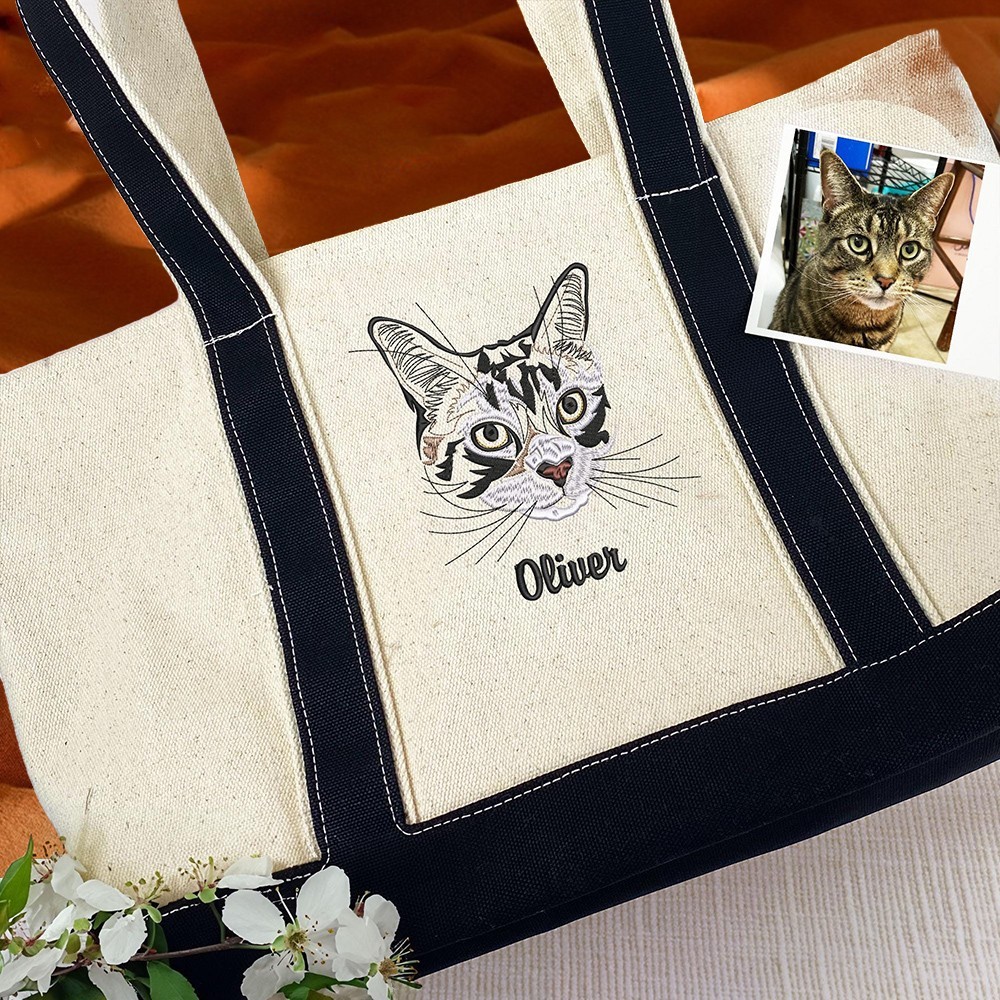 Personalised Embroidered Pet Portrait Tote Bag with Name Cat Mum Tote Bag for Cat Lovers Gift Ideas for Pet Lovers