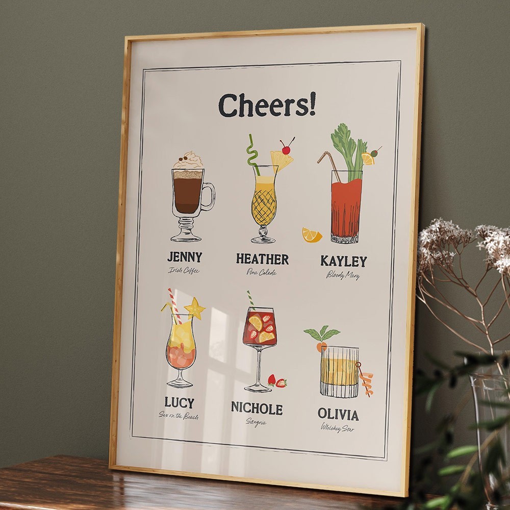 Personalised Roommates Drinks Art Print Frame with Names College Apartment Dorm Art Unique Gifts for Friends
