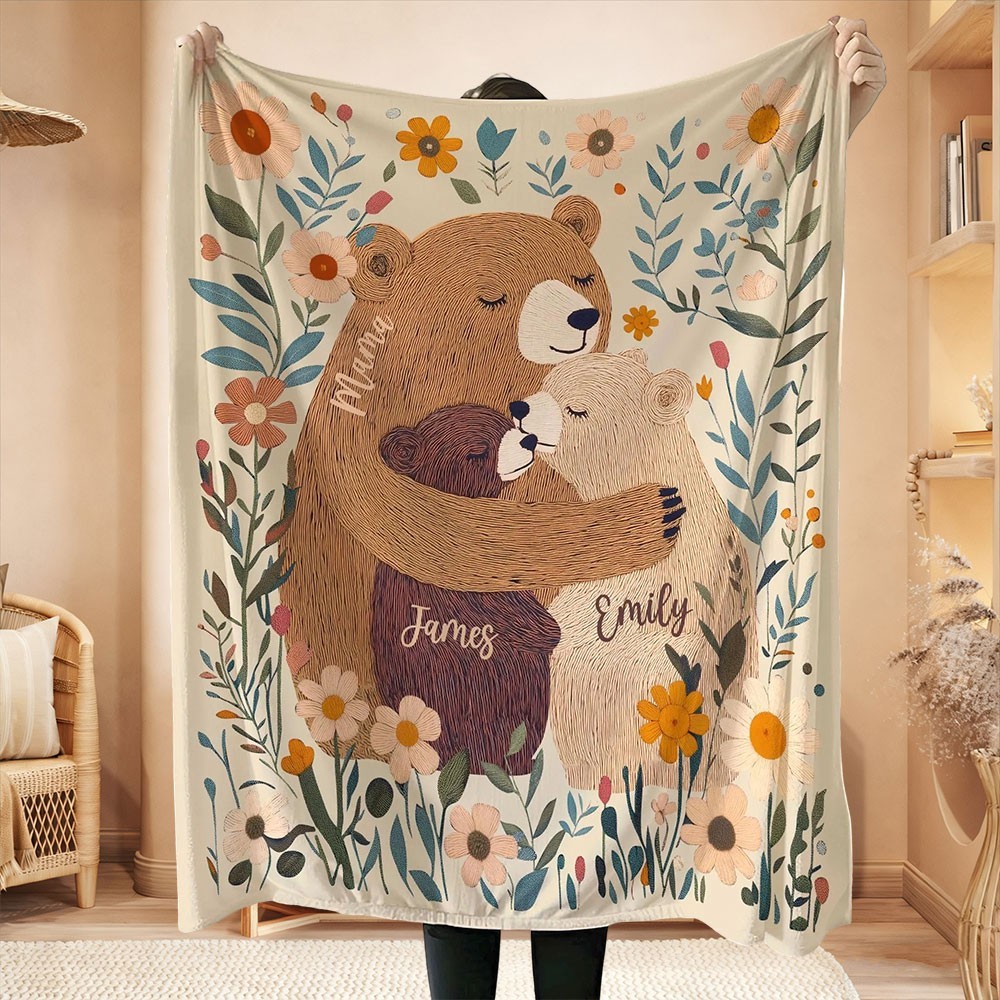 Personalised Mama Bear Flower Blanket with Kids Names Gifts for Mum Grandma Christmas Gift