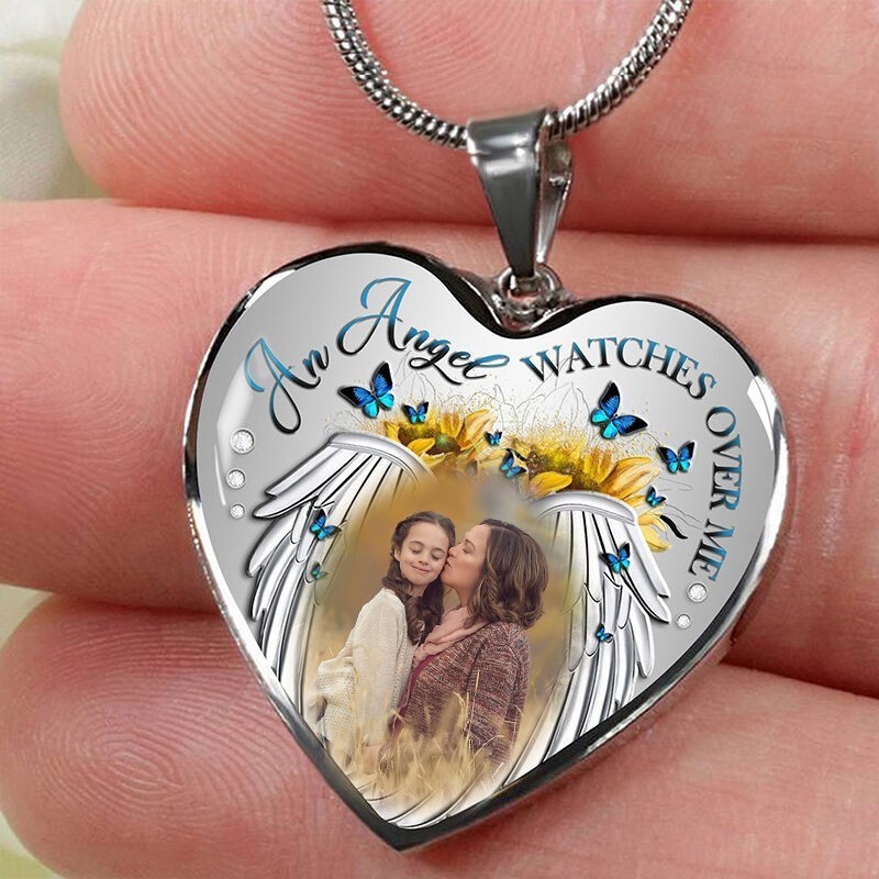 An Angel Watches Over Me Personalised Memorial Photo Necklace Loss of Loved One Necklace Remembrance Gift