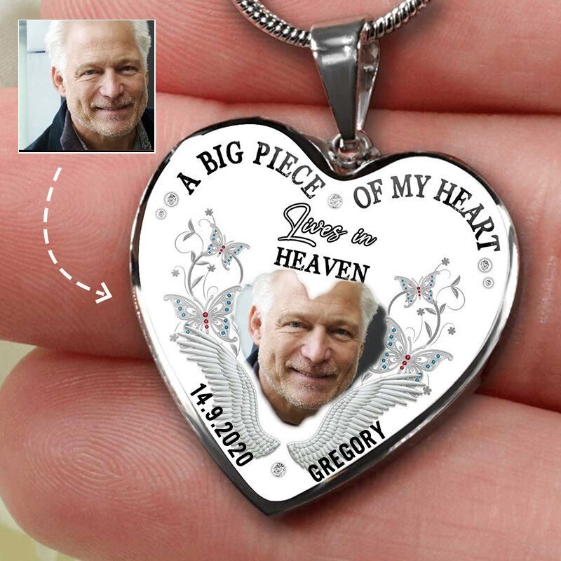 A Big Piece Of My Heart Lives In Heaven Personalised Heart Shaped Memorial Photo Necklace Remembrance Bereavement Gift