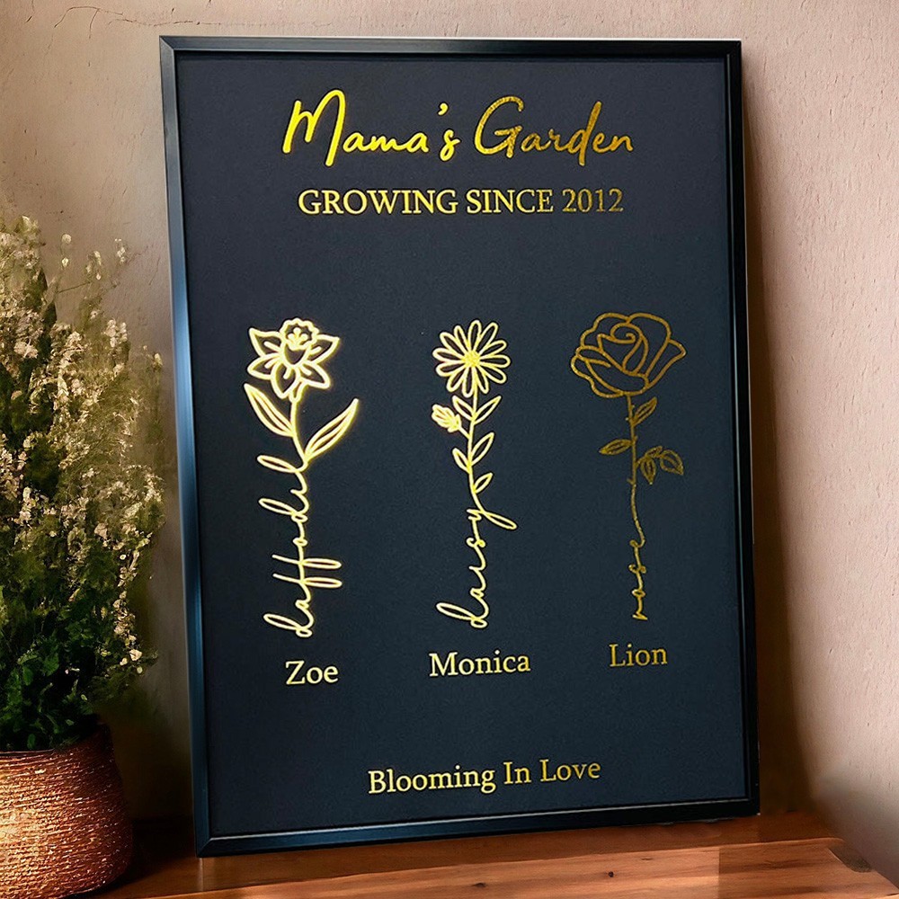 Personalised Mama's Garden Birth Flower Frame Sign with Kids Names Keepsake Gifts for Mum Grandma Mother's Day Gift