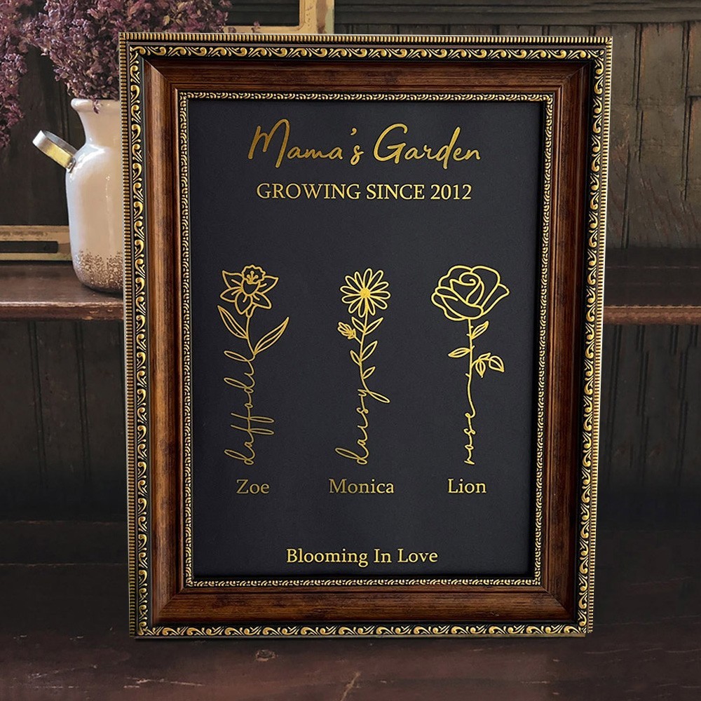 Mama's Garden Birth Month Flower Frame Sign with Kids Names Custom Gifts for Mum Grandma New Mum Gift Mother's Day Gift