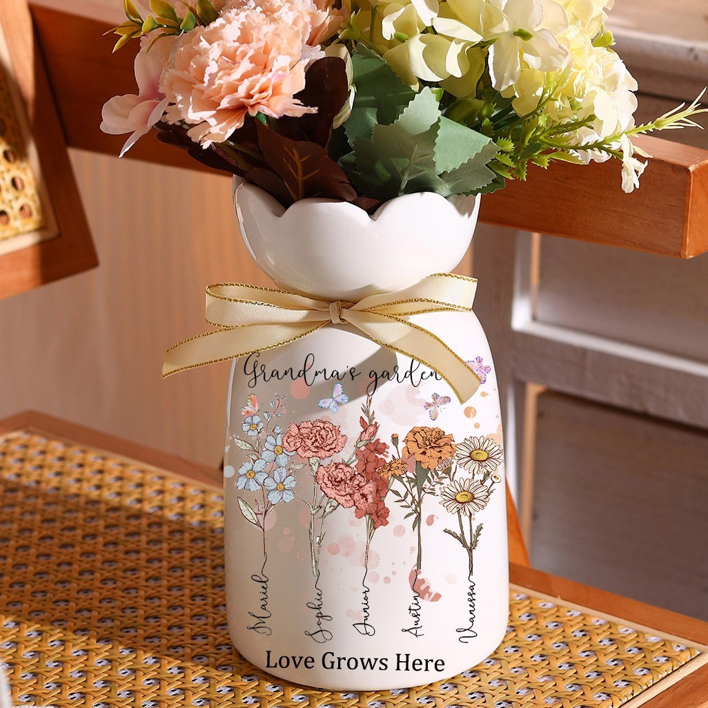 Custom Grandma's Garden Birth Month Flower Vase with Grandkids Names Love Gifts for Grandma Mum Unique Mother's Day Gift