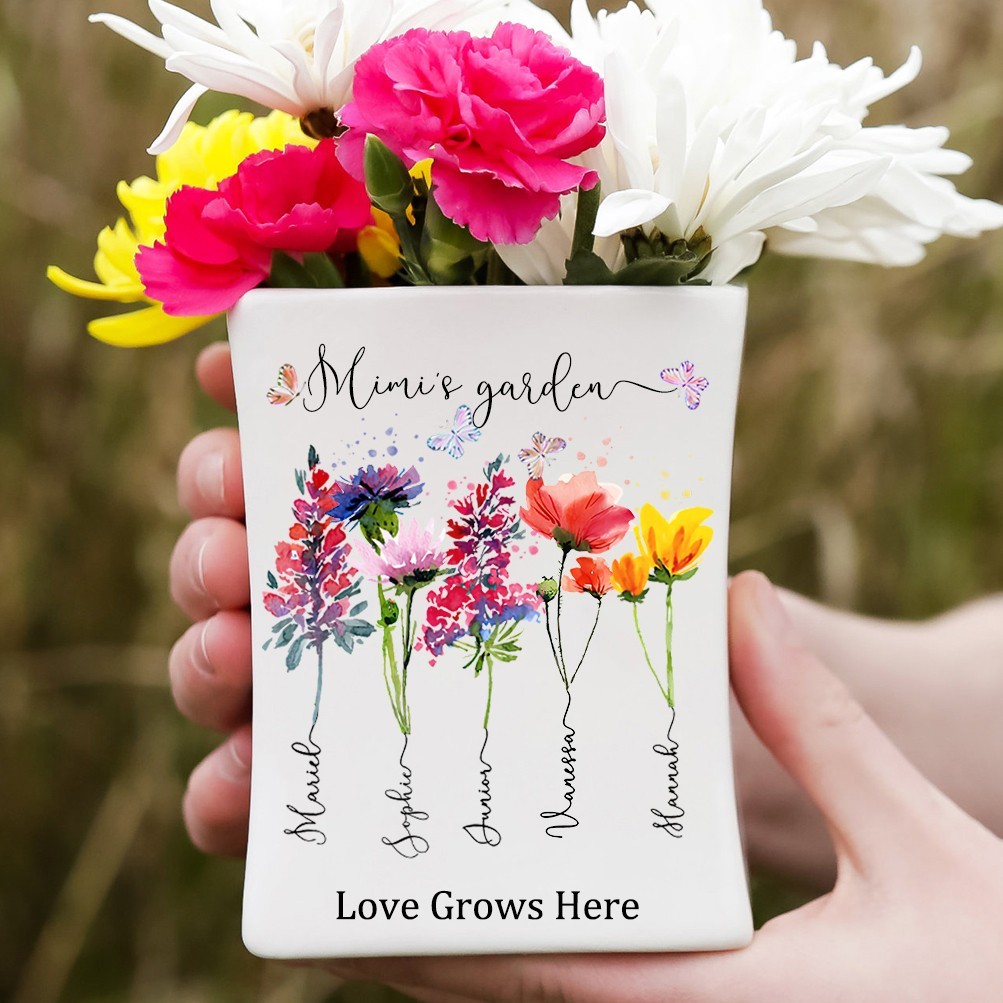 Personalised Mimi's Garden Birth Month Flower Vase with Kids Names Gifts for Mimi Mum Unique Mother's Day Gift