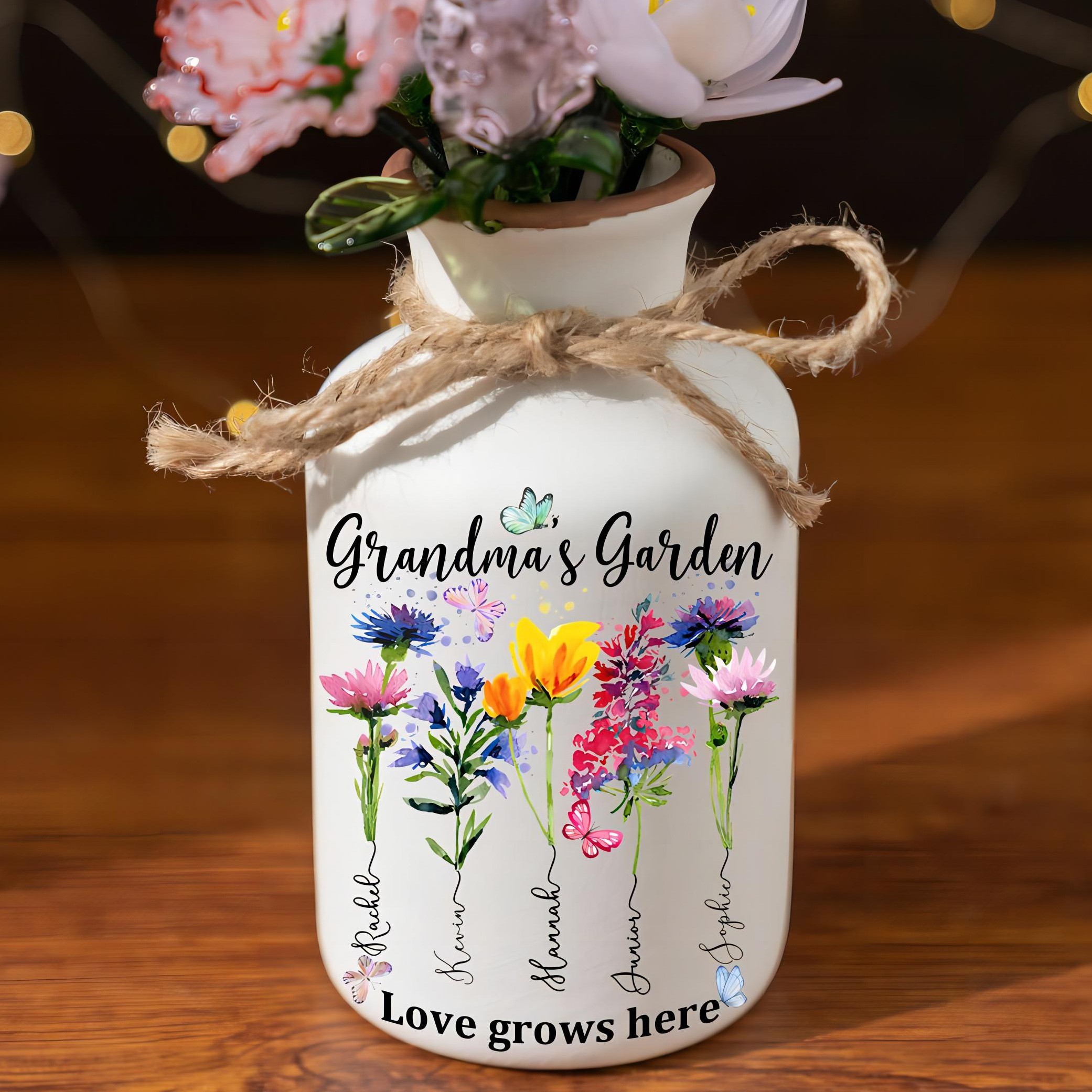 Grandma's Garden Birth Month Flower Vase with Grandkids Names Custom Gifts for Grandma Mum Mother's Day Gift Ideas