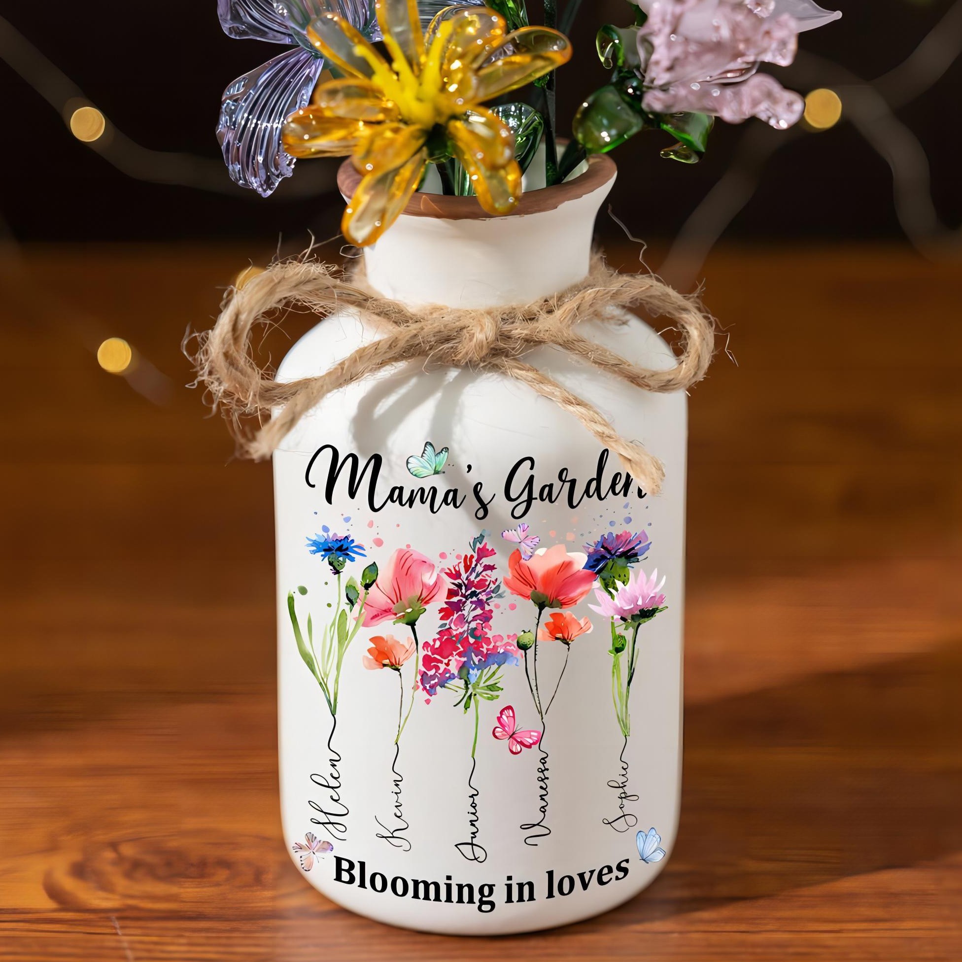 Personalised Mama's Garden Birth Month Flower Vase With Kids Names Gifts for Mum Grandma Mother's Day Gift