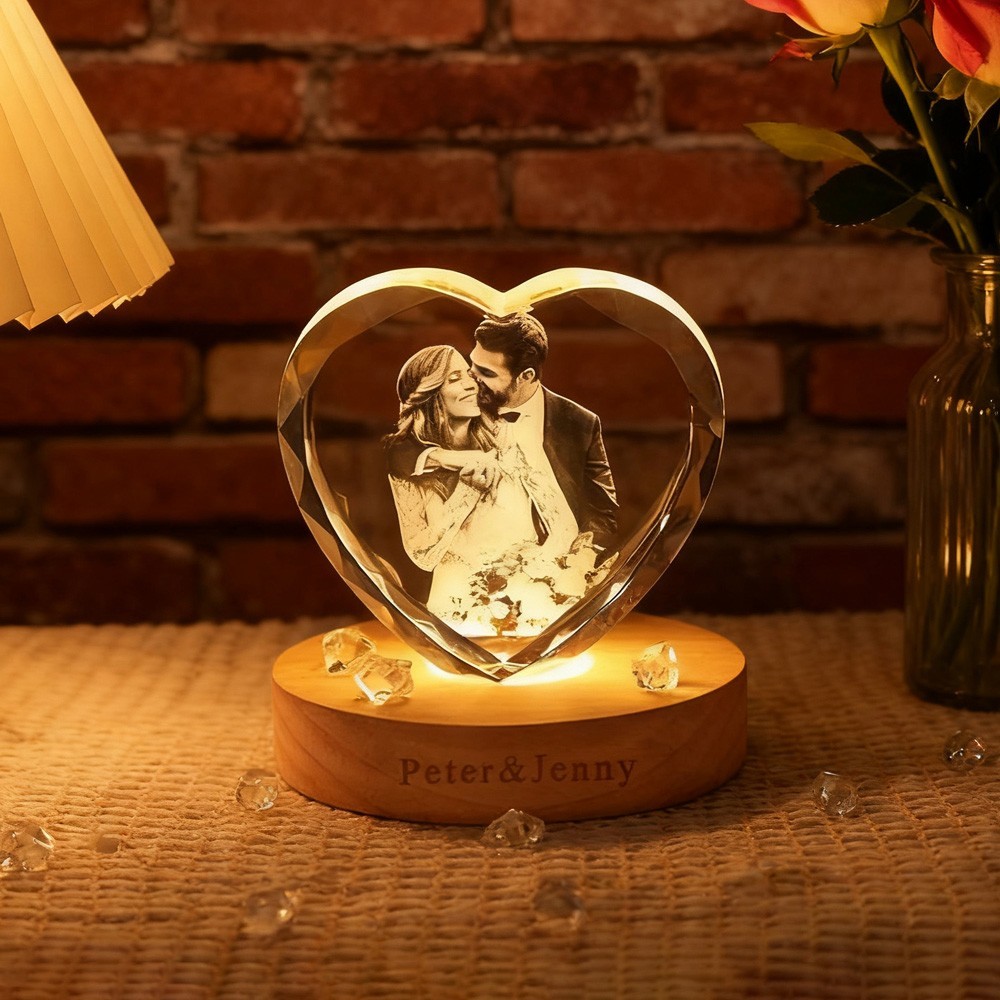 Custom 3D Crystal Family Photo Portrait Night Light with Base Gift for Couples Anniversary Gift Christmas Gift