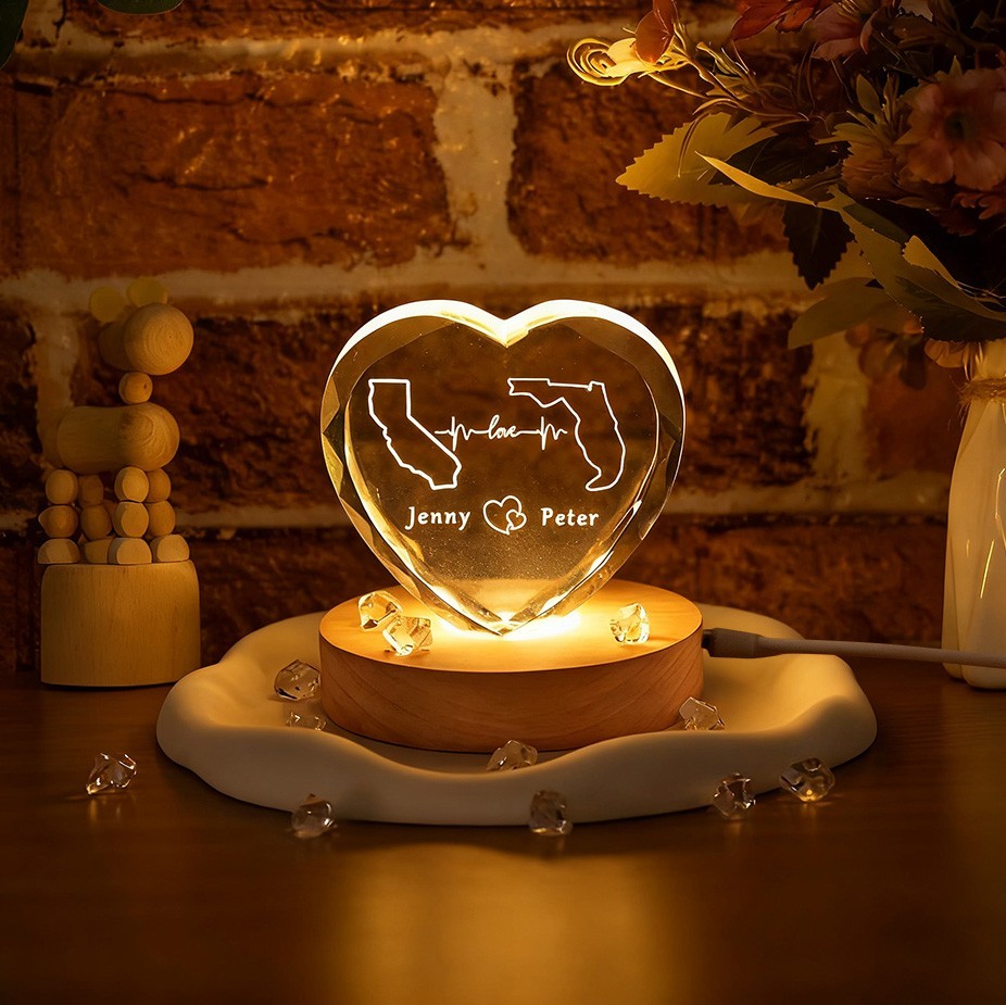 Personalised Heart 3D Crystal Night Light for Couples Long Distance Relationship Gifts Anniversary Gift Christmas Gift