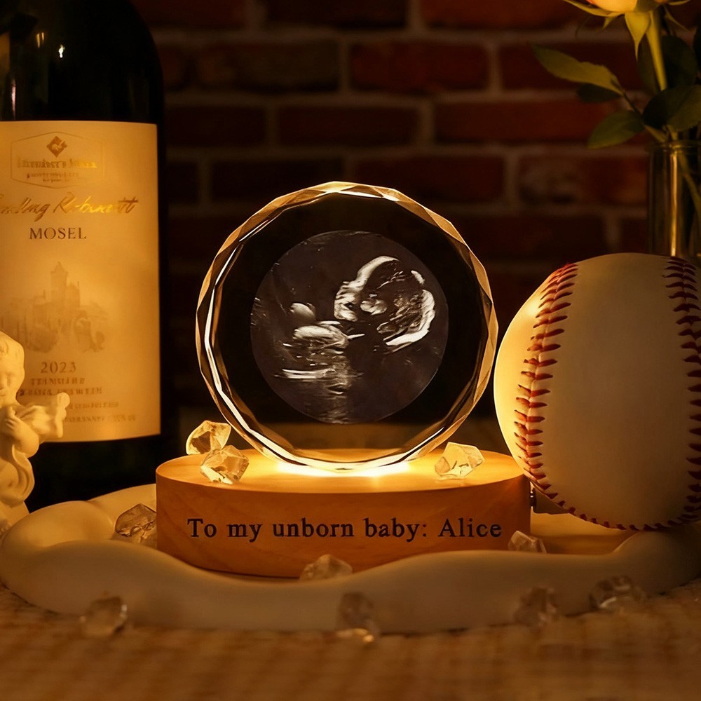 Personalised Round 3D Crystal Baby Ultrasound Photo Portrait Night Light with Base New Mum Gift Christmas Gifts