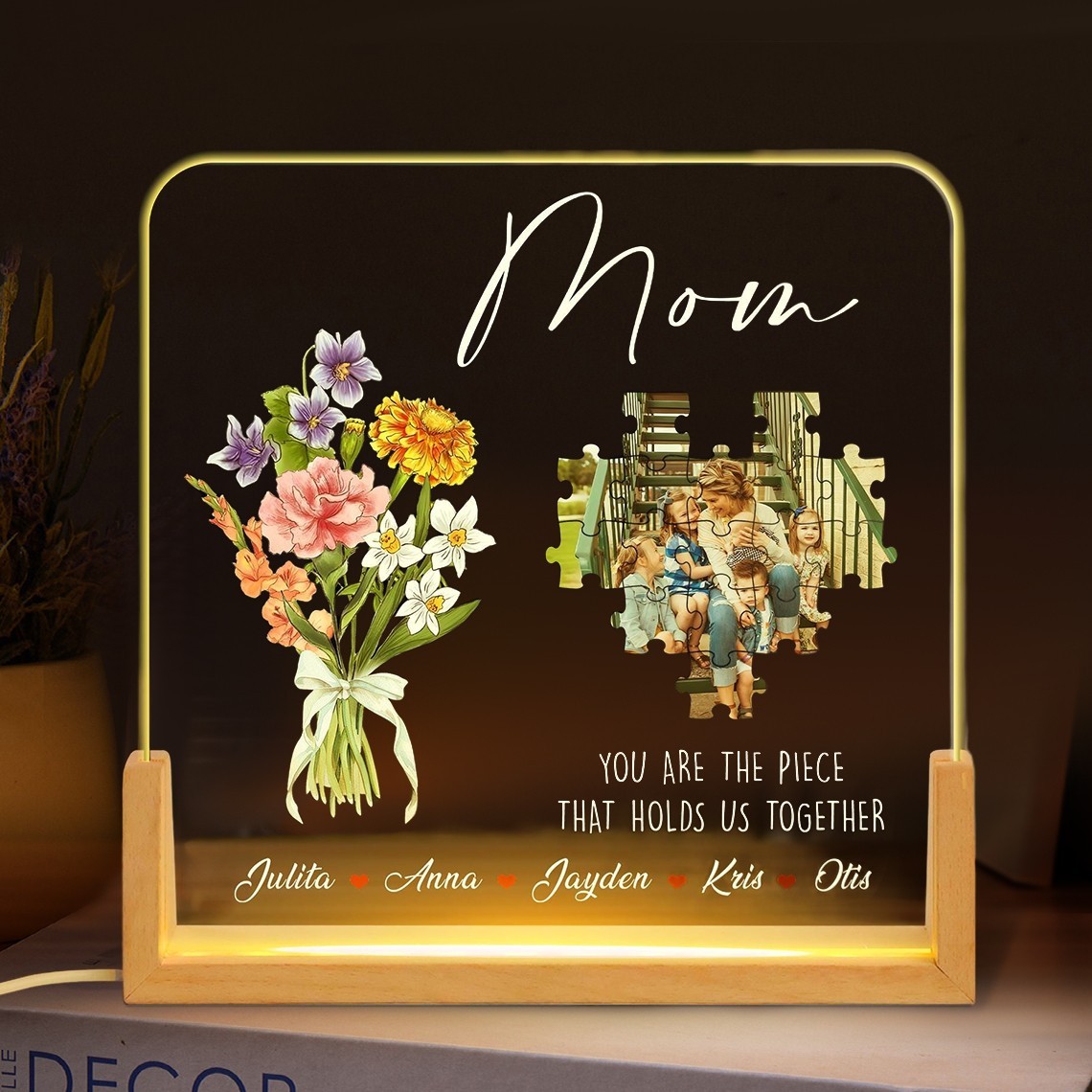 Personalised Birth Month Flower Photo Puzzle Night Light Keepsake Gifts for Mum Grandma Mother's Day Gift