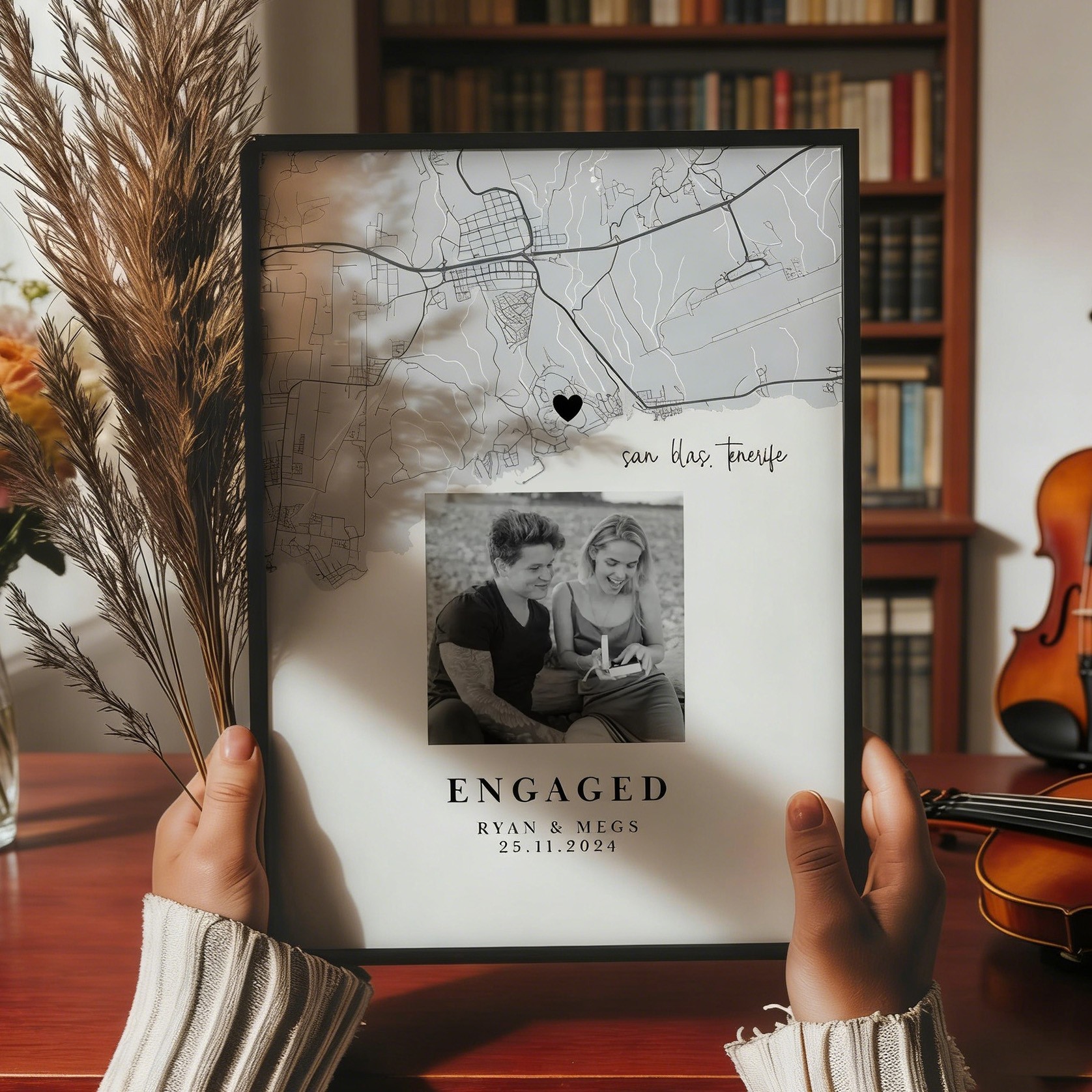Personalised Engagement Location Map Print Frame with Photo Couple Engagement Gifts Valentine's Day Gift