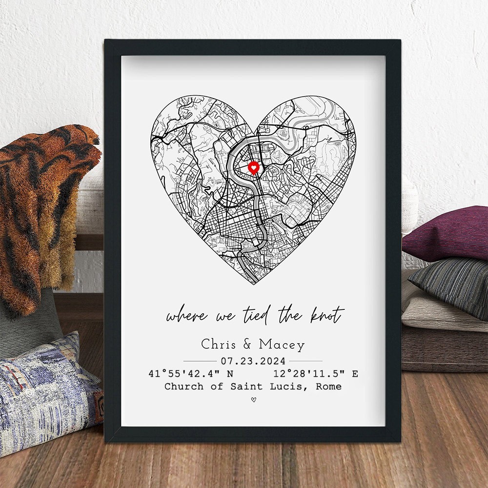 Personalised Where We Tied The Knot Location Map Print Frame Unique Wedding Anniversary Gifts Valentine's Day Gift for Her Him