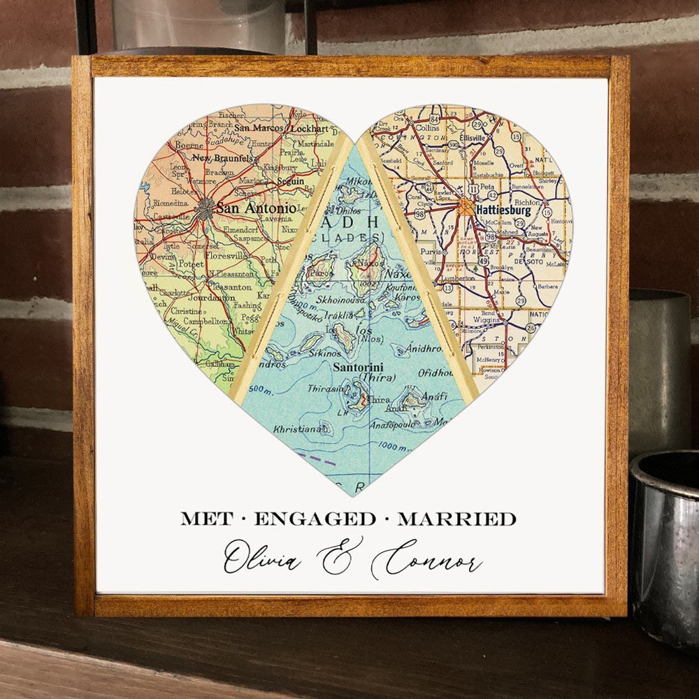 Custom Heart Shaped Met Engaged Married Map Print Frame Unique Wedding Anniversary Gift for Her Him Valentines Day Gifts