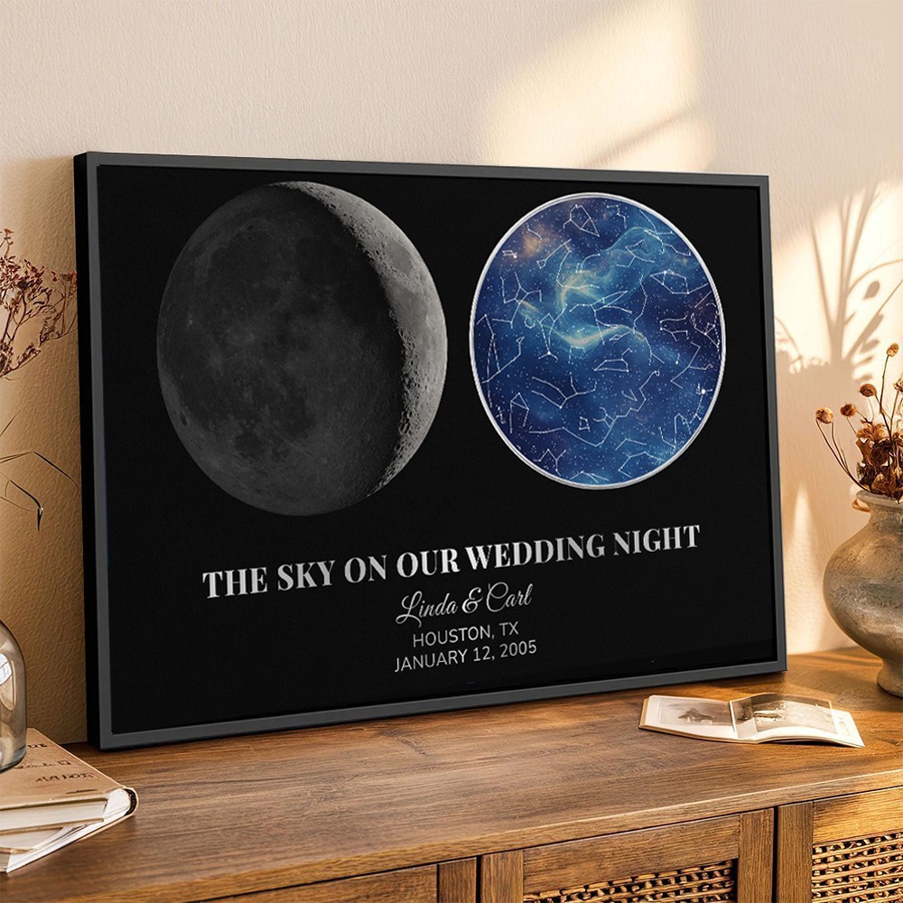 The Sky on Our Wedding Night Personalised Star Map Frame with Moon Phase Wedding Anniversary Gift Unique Gifts for Couple